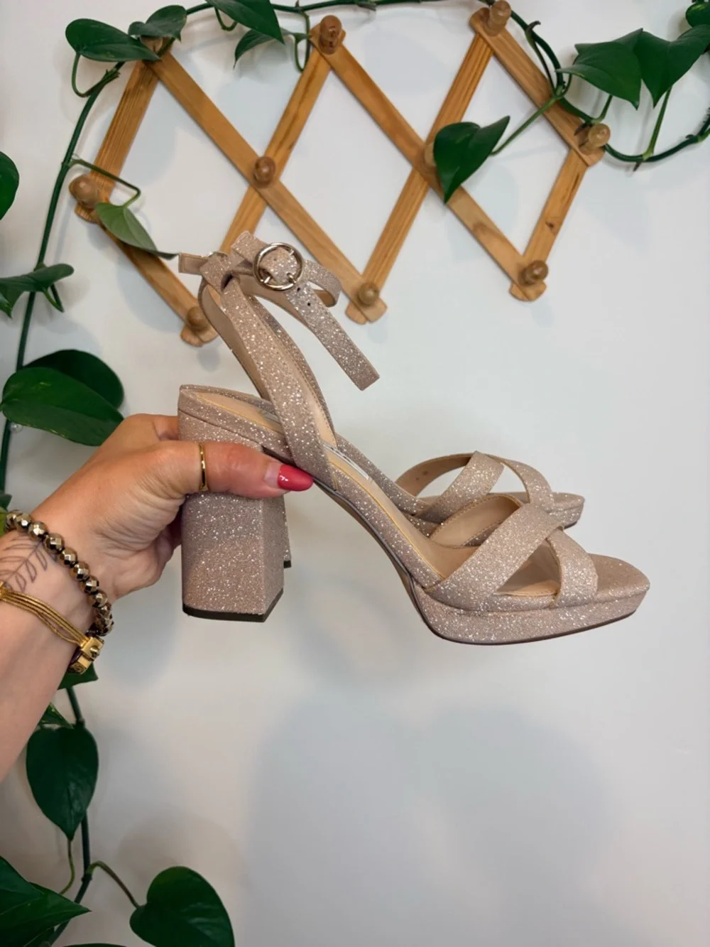NINA Shelia Nude Glitter Net Block-Heel Platform Sandals With Ankle Strap